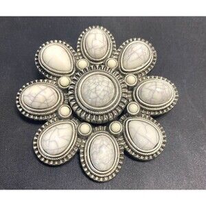 Antiqued Silvertone Flower Brooch Pin Pendant Faux Crackled Milkglass Cabobhones
